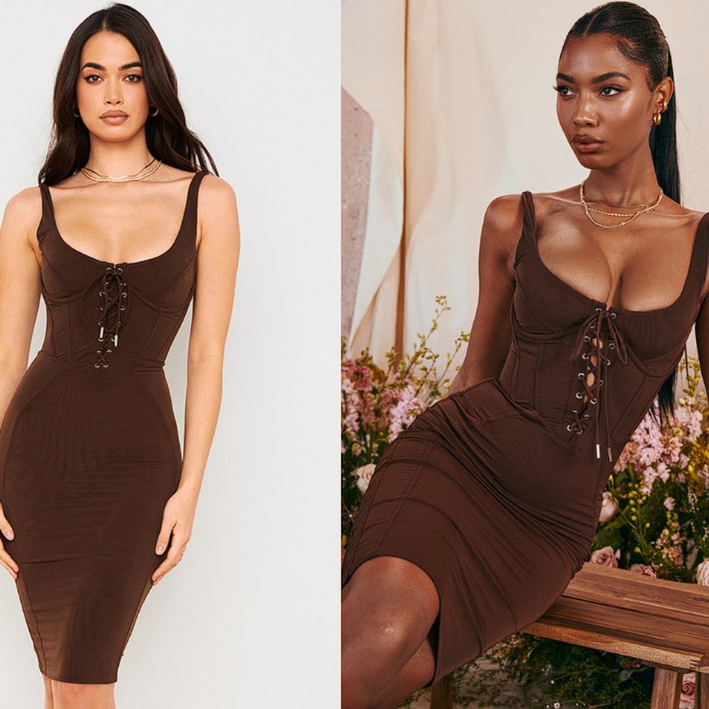 HOUSE OF CB 'Simona' Chocolate Lace Up Corset Midi Dress NWOT - Picture 2 of 9